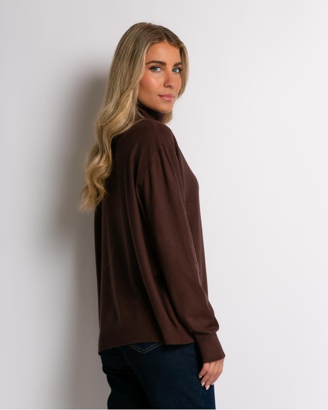 Μπλούζα πλεκτή απαλή υφή ζιβάγκο καφέ