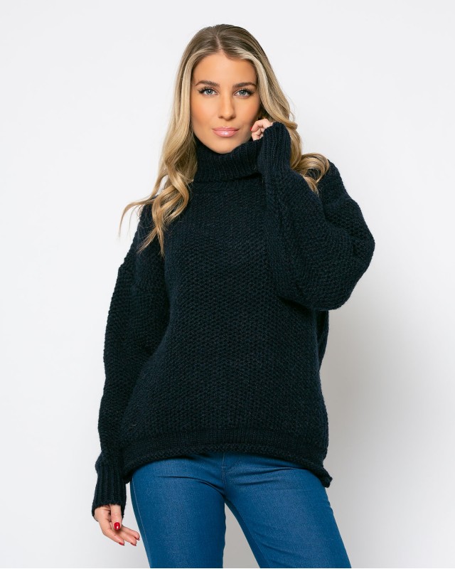 Μπλούζα πλεκτή ζιβάγκο με γύρισμα στο τελείωμα navy