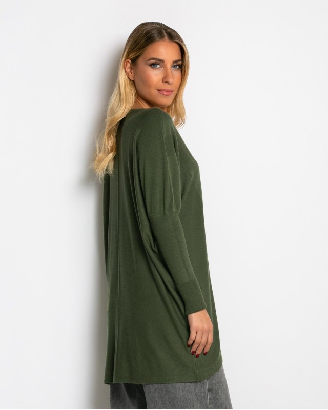 Μπλούζα πλεκτή με ασύμμετρο τελείωμα χακί