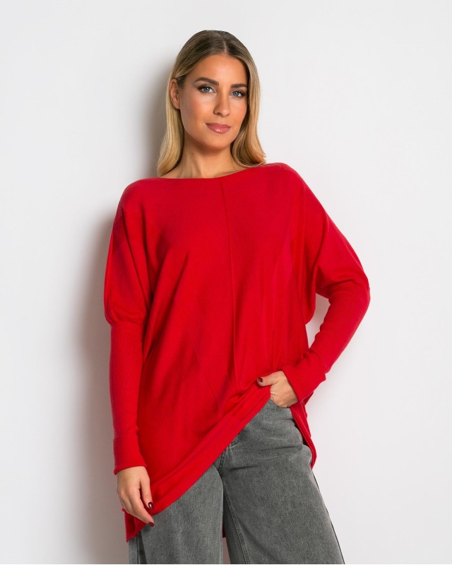 Μπλούζα πλεκτή με ασύμμετρο τελείωμα κόκκινο