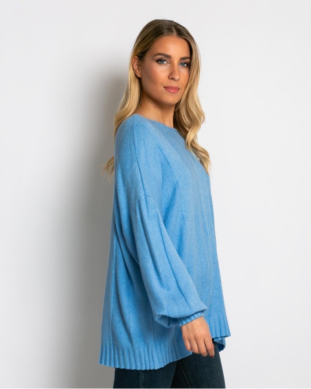 Μπλούζα πλεκτή με σχέδιο στο τελείωμα γαλάζιο