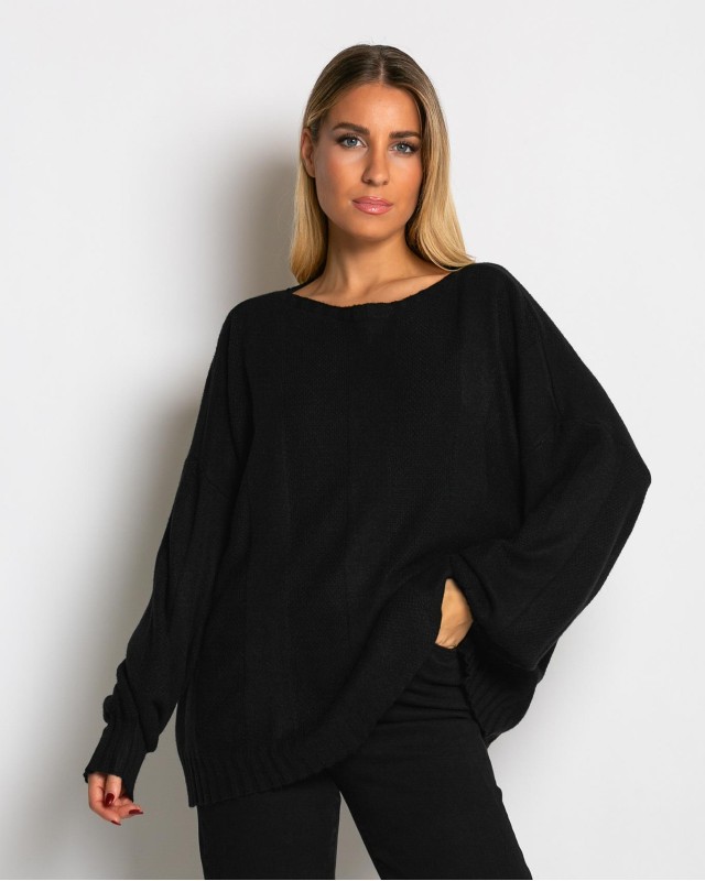 Μπλούζα πλεκτή με σχέδιο στο τελείωμα μαύρο