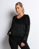 Μπλούζα πλεκτή fluffy ριγέ μαύρη