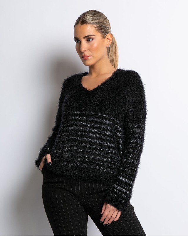 Μπλούζα πλεκτή fluffy ριγέ μαύρη