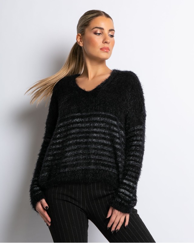 Μπλούζα πλεκτή fluffy ριγέ μαύρη