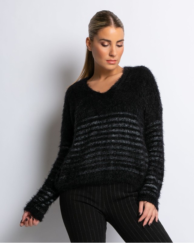 Μπλούζα πλεκτή fluffy ριγέ μαύρη