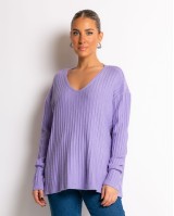 Μπλούζα πλεκτό ριγέ ανάγλυφο με V λεβάντα