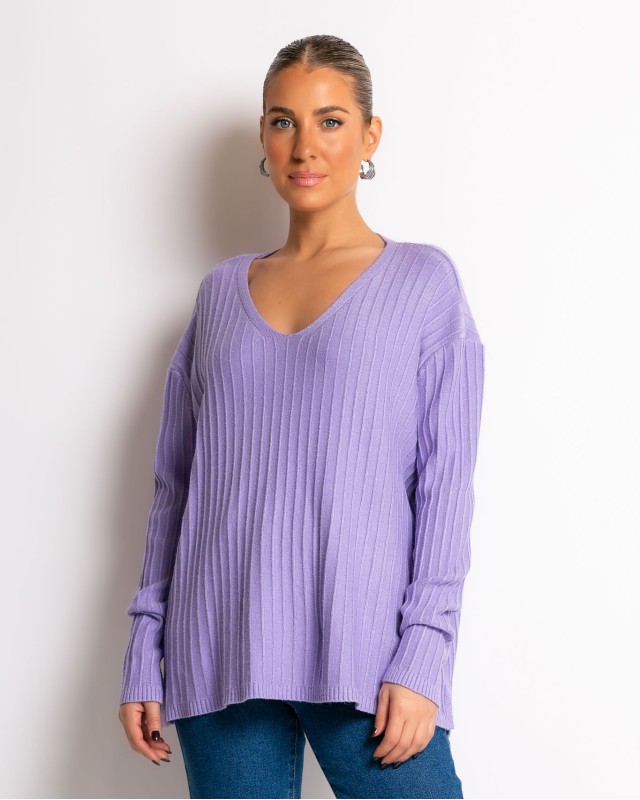 Μπλούζα πλεκτό ριγέ ανάγλυφο με V λεβάντα