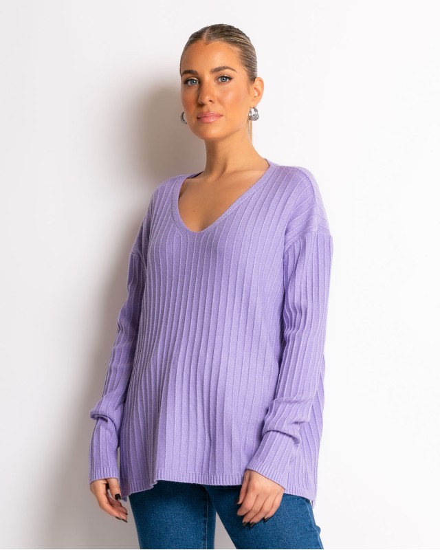 Μπλούζα πλεκτό ριγέ ανάγλυφο με V λεβάντα