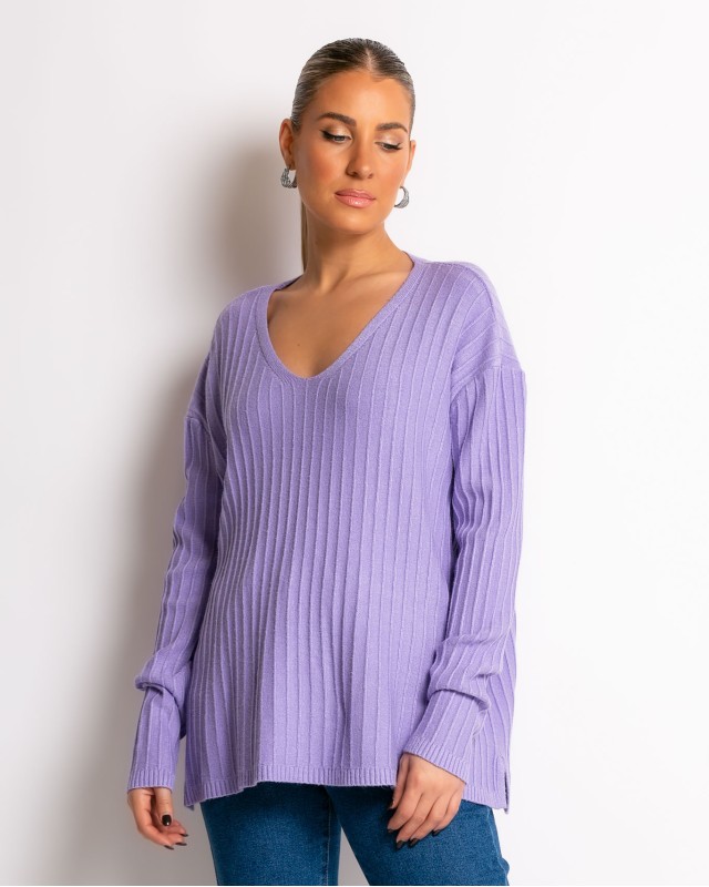 Μπλούζα πλεκτό ριγέ ανάγλυφο με V λεβάντα