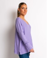 Μπλούζα πλεκτό ριγέ ανάγλυφο με V λεβάντα