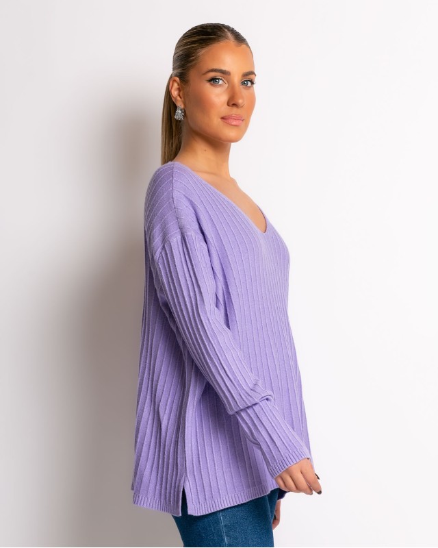 Μπλούζα πλεκτό ριγέ ανάγλυφο με V λεβάντα
