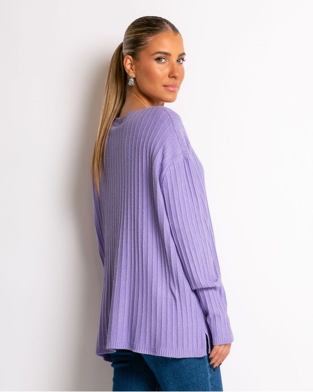 Μπλούζα πλεκτό ριγέ ανάγλυφο με V λεβάντα
