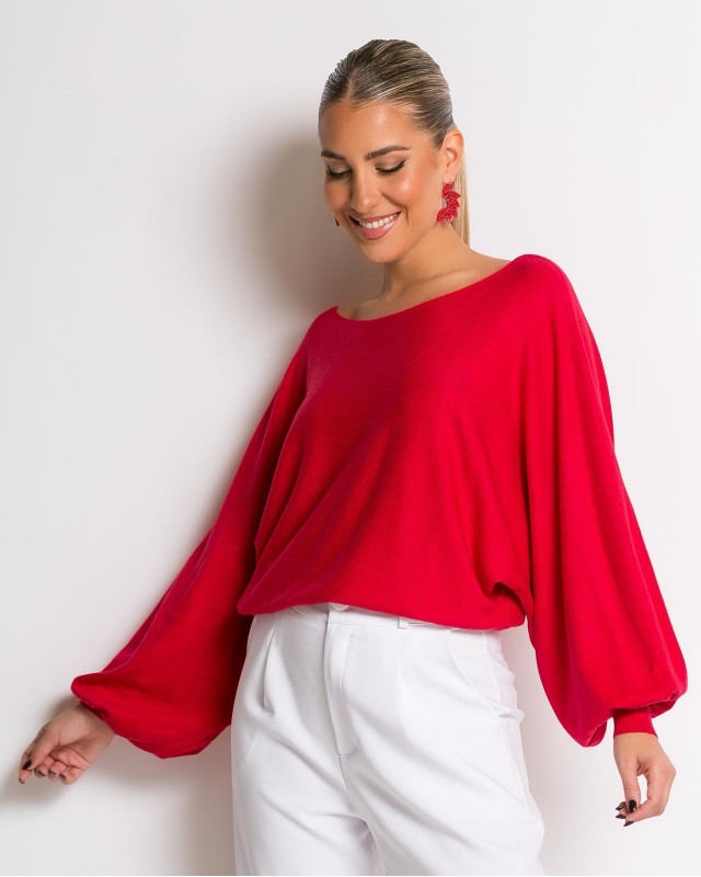 Μπλούζα ψιλό πλεκτό με μανίκι balloon κόκκινο