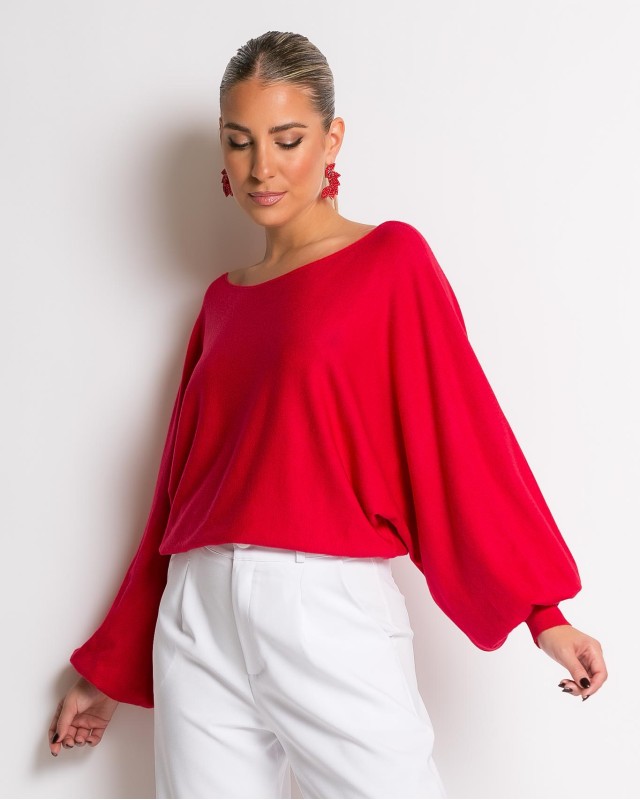Μπλούζα ψιλό πλεκτό με μανίκι balloon κόκκινο