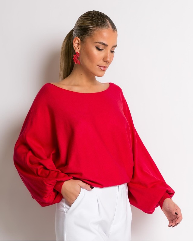 Μπλούζα ψιλό πλεκτό με μανίκι balloon κόκκινο