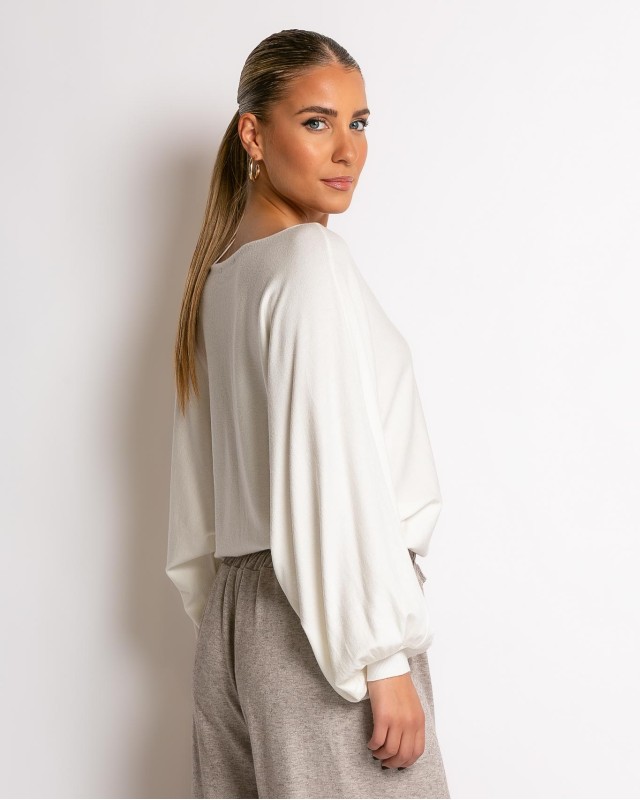 Μπλούζα ψιλό πλεκτό με μανίκι balloon εκρού