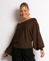 Μπλούζα ψιλό πλεκτό με μανίκι balloon καφέ