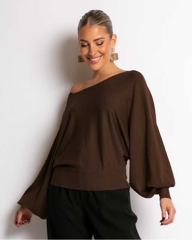 Μπλούζα ψιλό πλεκτό με μανίκι balloon καφέ