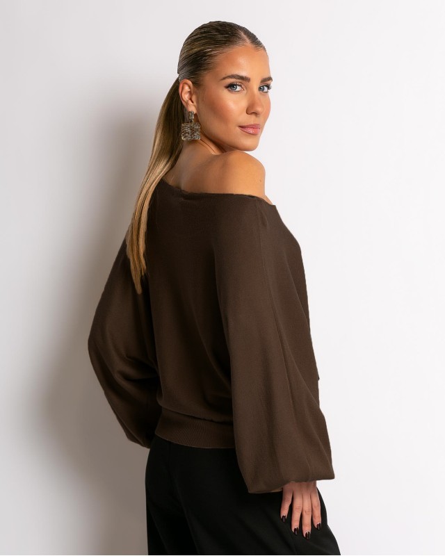 Μπλούζα ψιλό πλεκτό με μανίκι balloon καφέ