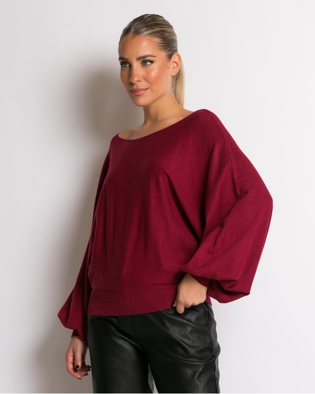 Μπλούζα ψιλό πλεκτό με μανίκι balloon μπορντώ
