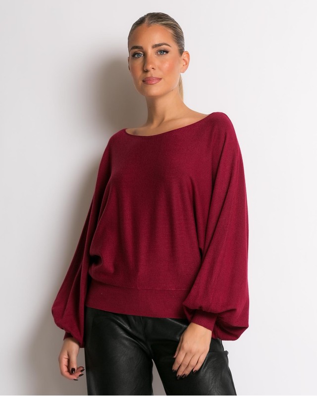 Μπλούζα ψιλό πλεκτό με μανίκι balloon μπορντώ