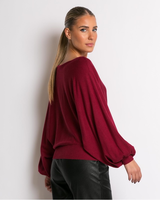 Μπλούζα ψιλό πλεκτό με μανίκι balloon μπορντώ