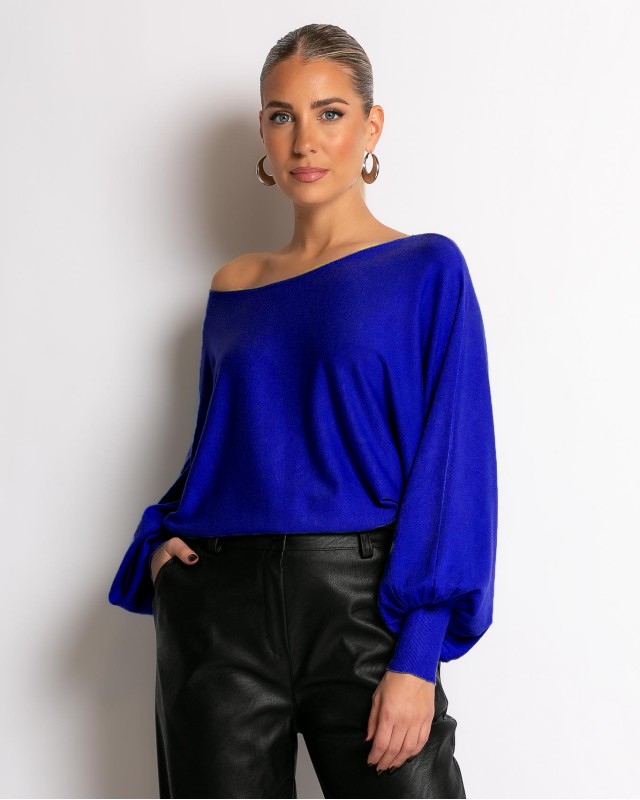 Μπλούζα ψιλό πλεκτό με μανίκι balloon μπλε ρουά