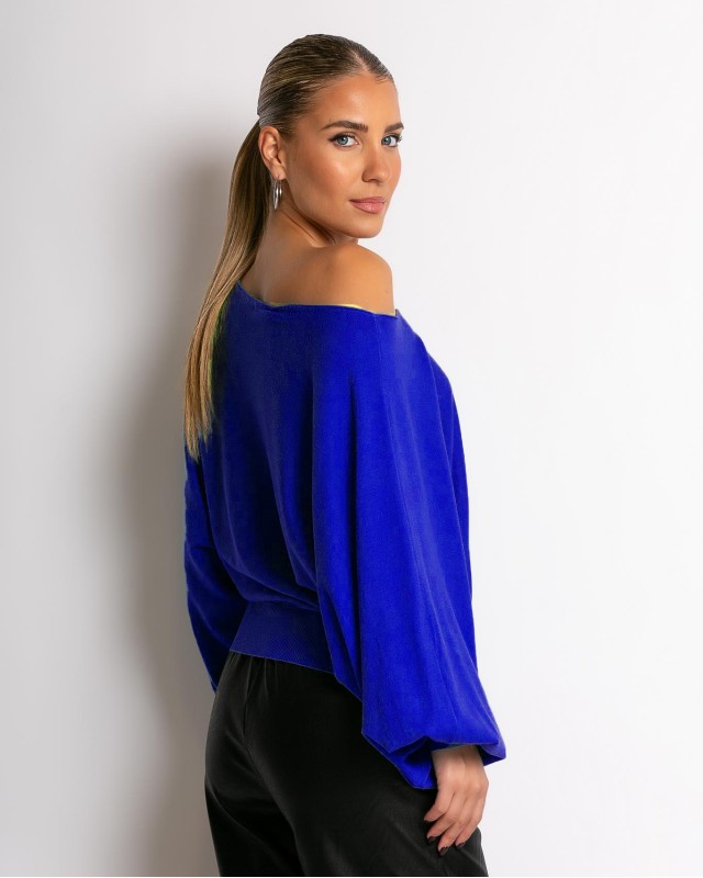 Μπλούζα ψιλό πλεκτό με μανίκι balloon μπλε ρουά