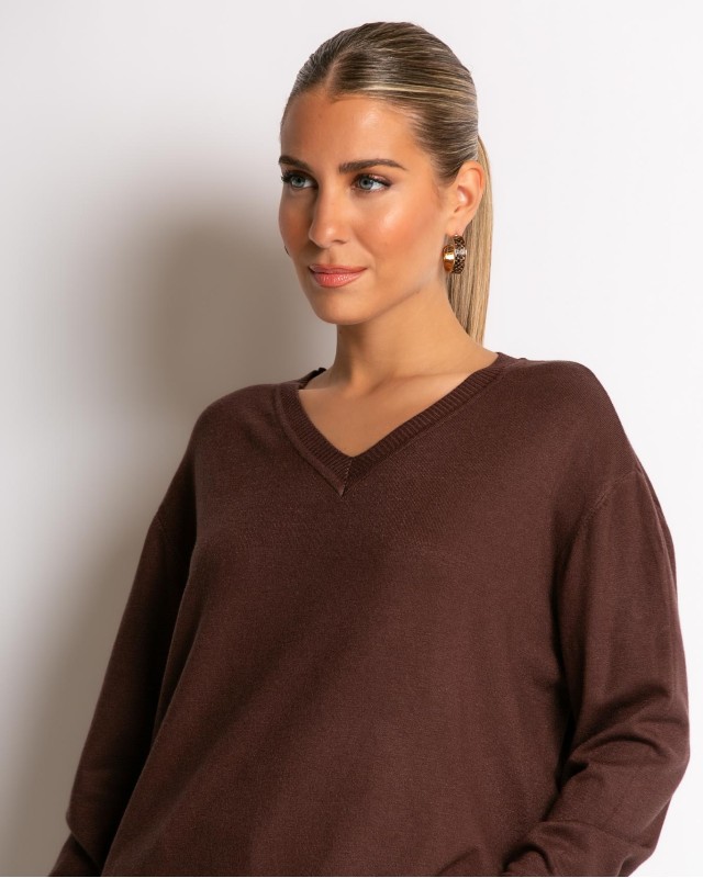 Μπλούζα ψιλό πλεκτό απαλή υφή με V καφέ