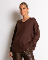 Μπλούζα ψιλό πλεκτό απαλή υφή με V καφέ