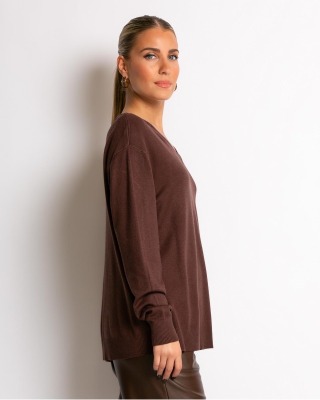 Μπλούζα ψιλό πλεκτό απαλή υφή με V καφέ
