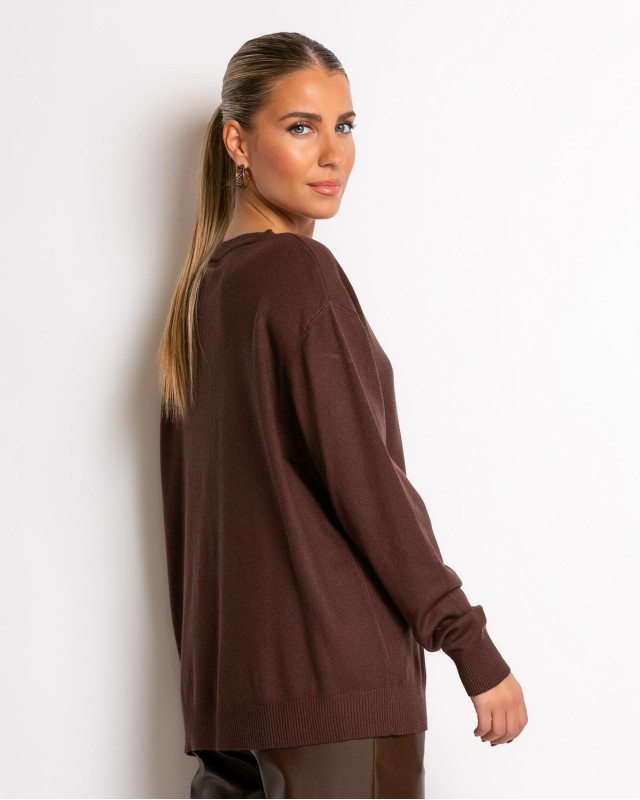 Μπλούζα ψιλό πλεκτό απαλή υφή με V καφέ