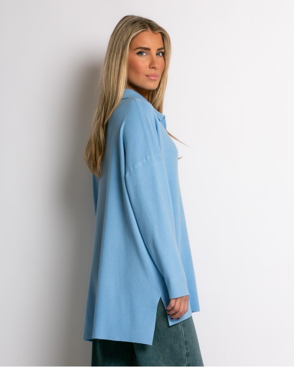 Μπλούζα πλεκτή μακρυά με γιακά γαλάζιο