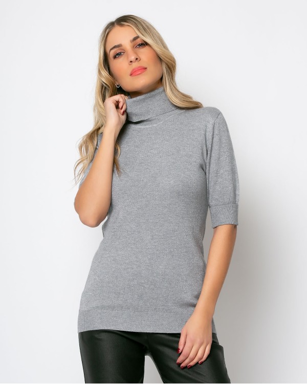 Μπλούζα πλεκτή ζιβάγκο κοντομάνικη λούρεξ γκρι