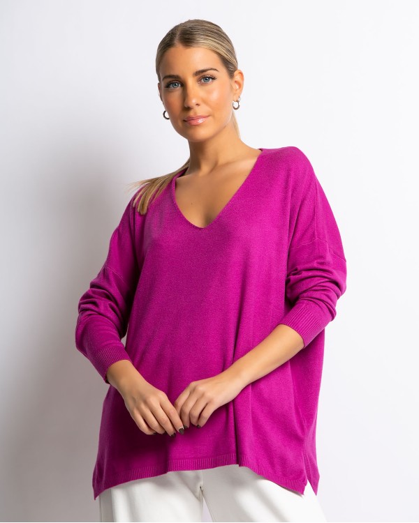 Μπλούζα πλεκτή απαλή υφή με V και άνοιγμα στο πλάι magenta