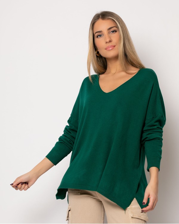 Μπλούζα πλεκτή απαλή υφή με V και άνοιγμα στο πλάι magenta