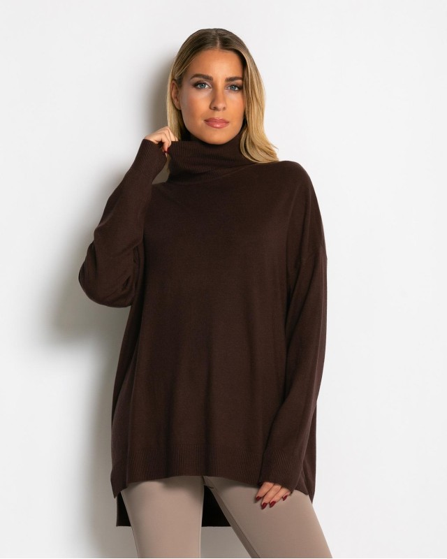 Μπλούζα ψιλό πλεκτό ζιβάγκο ασυμμετρο σε άνετη γραμμή καφέ