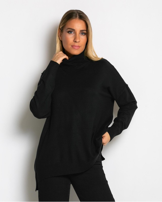 Μπλούζα ψιλό πλεκτό ζιβάγκο ασυμμετρο σε άνετη γραμμή μαύρο