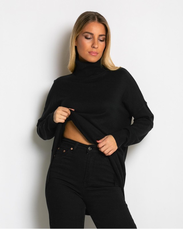 Μπλούζα ψιλό πλεκτό ζιβάγκο ασυμμετρο σε άνετη γραμμή μαύρο