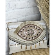 Τσαντάκι Boho με κεντήματα & παγιέτες μπεζ