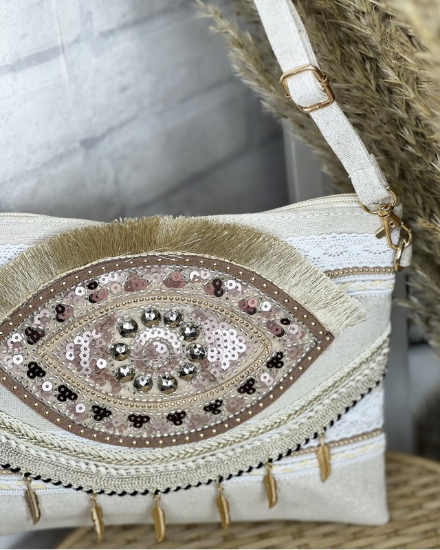 Τσαντάκι Boho με κεντήματα & παγιέτες μπεζ Τσαντάκι Boho με κεντήματα & παγιέτες μπεζ