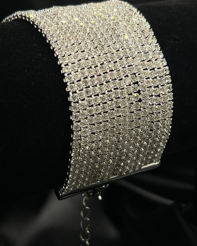 Silver Wide Crystal Cuff Bracelet