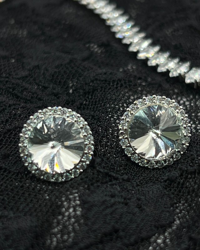 Round Crystal Halo Earrings silver