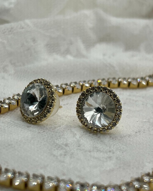 Round Crystal Halo Earrings Gold