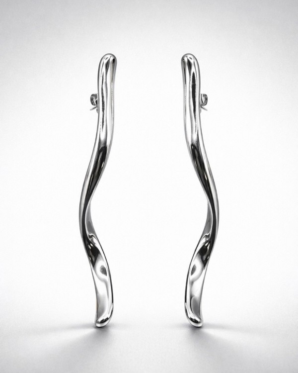 Silver Wavy Long Bar Earrings