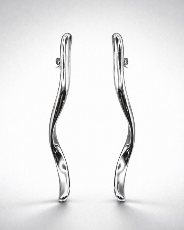 Silver Wavy Long Bar Earrings