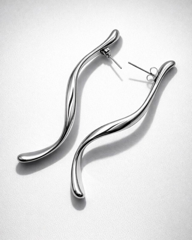 Silver Wavy Long Bar Earrings