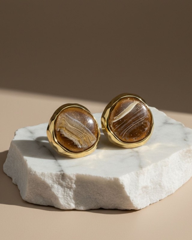 Marble Round Earrings brown