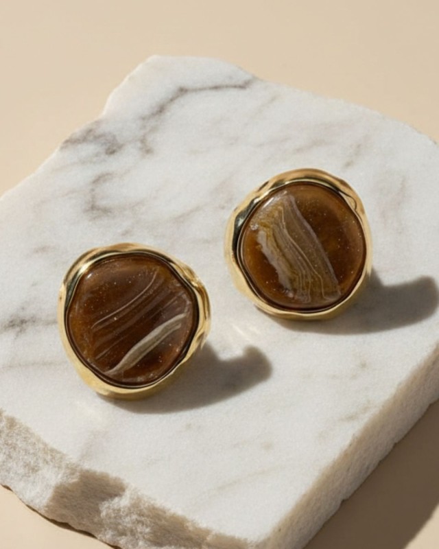 Marble Round Earrings brown